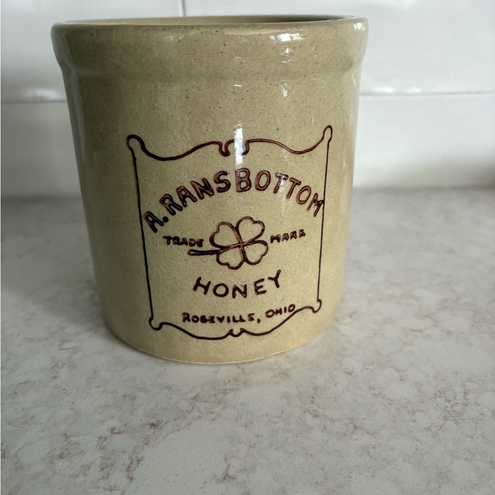 5 1/4 " A. Ransbottom Roseville Stoneware Clover Honey Jar Crock PERFECT VINTAGE